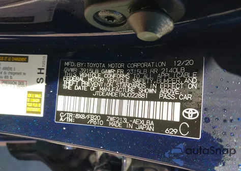 2021 Toyota Corolla Hybrid Le из США, поврежденный, VIN JTDEAMDE1MJ022881